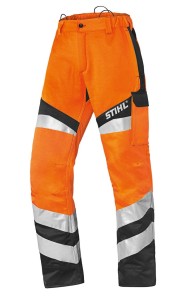 Stihl spodnie ochronne do pracy kosą protect FS pomarańczowe z odblaskami